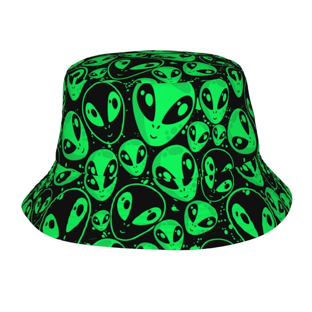 8750 Alien Dress Green Aliens Face Bucket Hats Fashion Sun Cap Packable